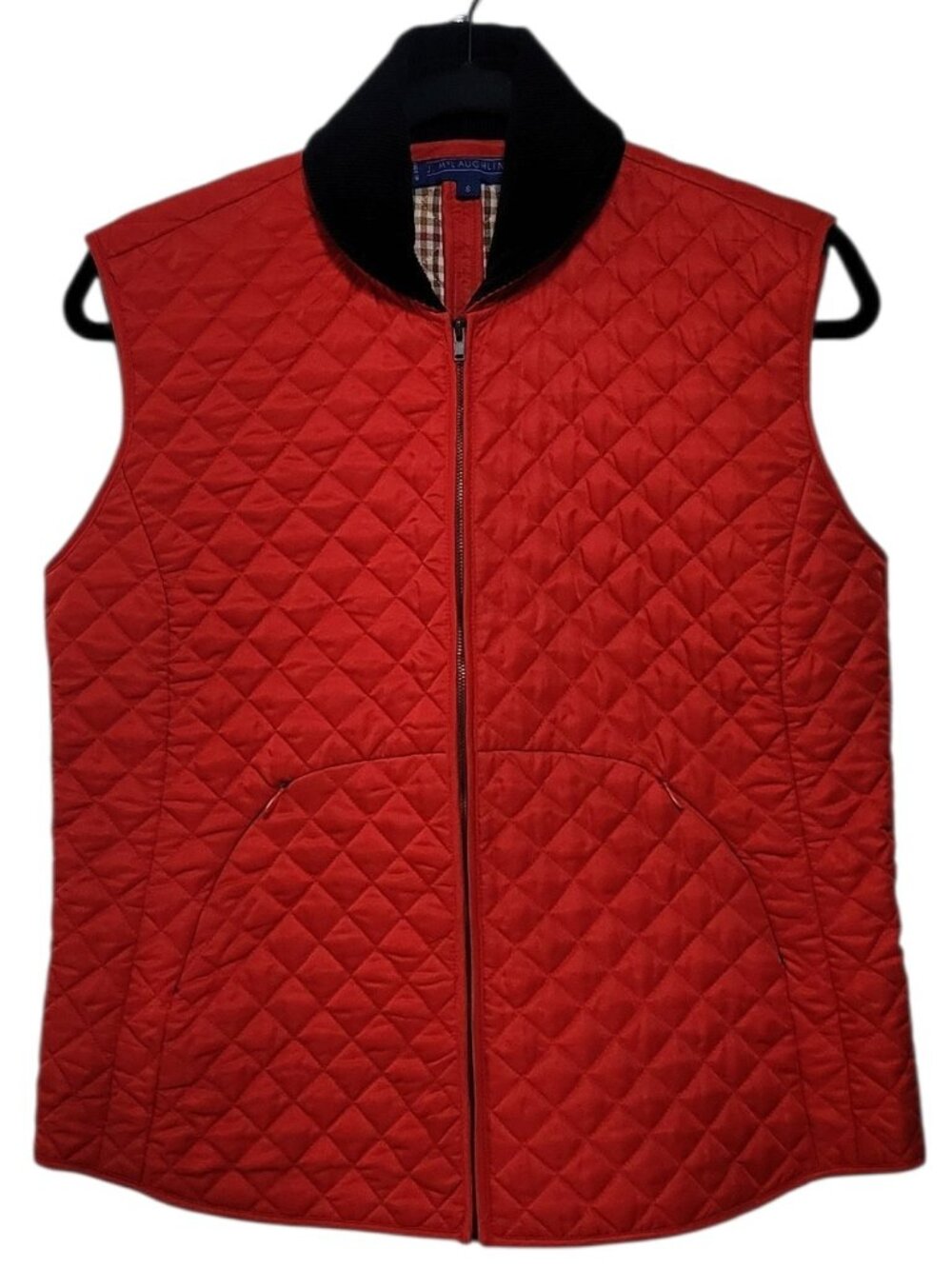 J McLaughlin Red Diamond Quilted Vest Corduroy Collar Plaid Lining Small Preppy